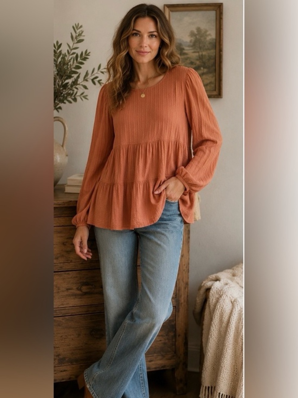 American Eagle Rust Gauze Babydoll Top Medium Boho Peplum Long Sleeve Western
